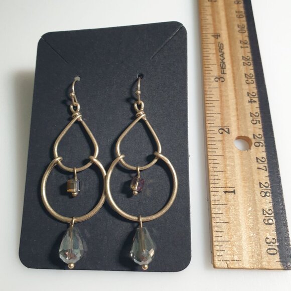 Gold Tone Teardrop Hoop Dangle Earrings Crystal Accents Hook Back Boho Chic - Picture 3 of 4